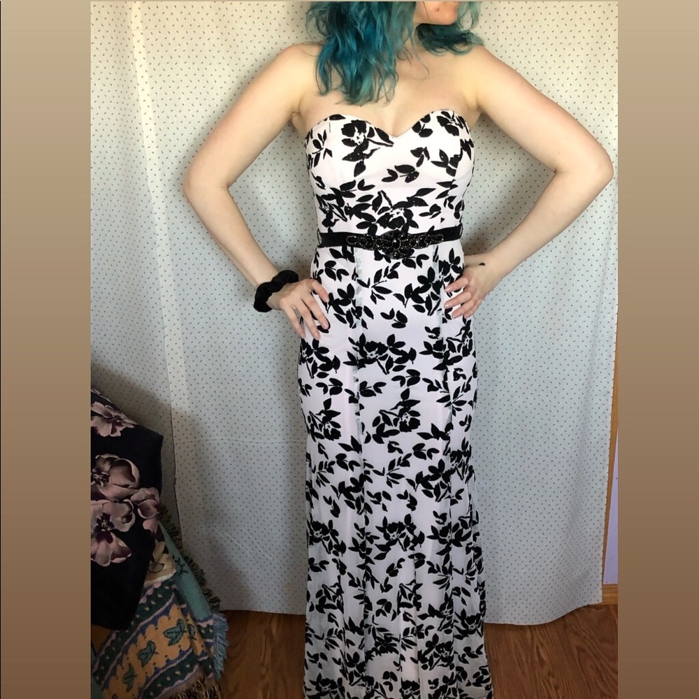 Light blush and black prom dress